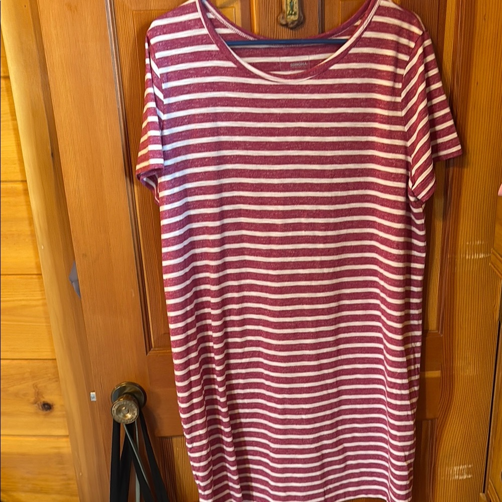 Sonoma White and Pink Casual Midi Dress Crew Neck Short Sleeve